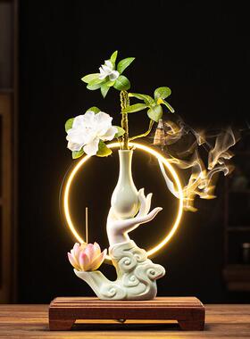 倒流香炉创意客摆件瓷佛手莲中沉香檀香居室陶厅办公式室桌lp3856