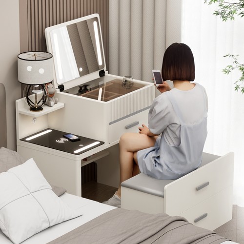 圆角实木烤漆床头柜梳妆台二合一