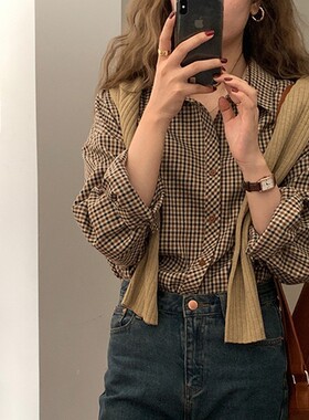 im向自制复古格子衬衫女2026秋季新款韩版棕色宽松长袖打底衬衣