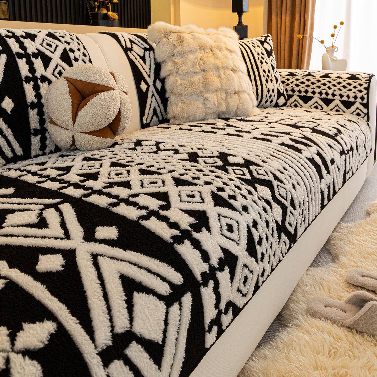 波西米亚风舒棉绒沙发垫2026年新款一片式防滑直排皮沙发套罩