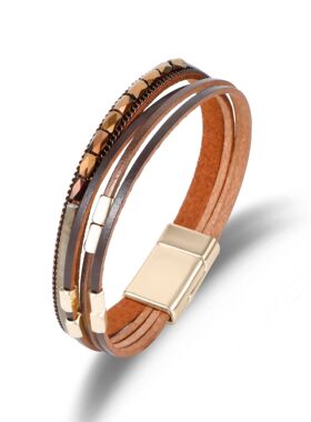 新品波西米亚风手链多层皮革串珠手饰金属珠子手工欧美磁扣手镯