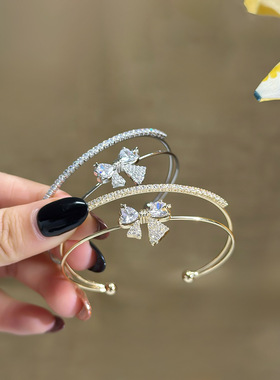 法式锆石蝴蝶结双层开口手镯轻奢高级感精致手环日常时尚百搭手饰