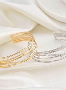 欧美热销时尚个性多层镂空开口手镯轻奢小众几何交叉手饰品女