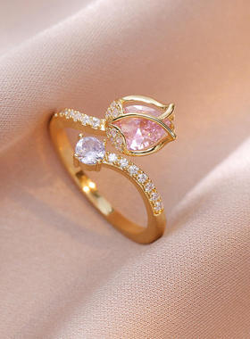 戒指女郁金香锆石开口戒指甜美小众设计时尚食指戒网红可调节指