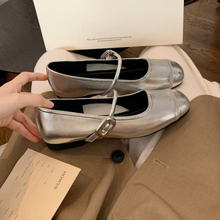 7221惠东易鑫达圆方头浅口银色小皮鞋平底内增高软底玛丽珍单鞋女