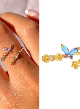 欧美时尚新款渐变蝴蝶开口戒指女个性潮INS风女戒气质指环手饰