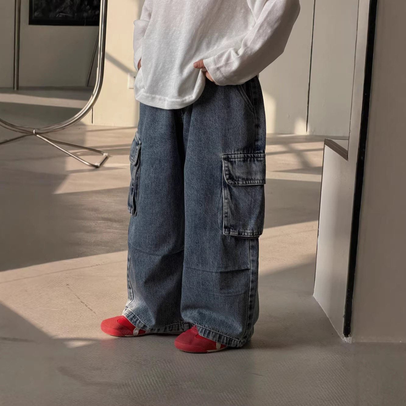 儿童复古工装阔腿牛仔裤韩版水洗做旧大口袋宽松长裤男女童百搭