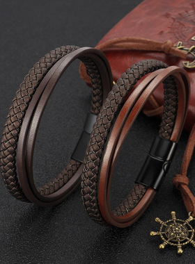 新款皮革手链男款小众多层编织欧美外贸爆款手工手镯现货