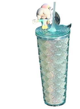 新款浮雕鱼WY-1140尾双层塑料吸杯星0巴杯季冷饮杯鱼鳞管杯71夏ml