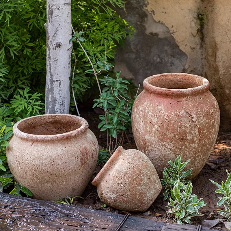 仿古粗红陶罐水泥花盆家用大号圆形土培花器盆景庭院落地装饰摆件