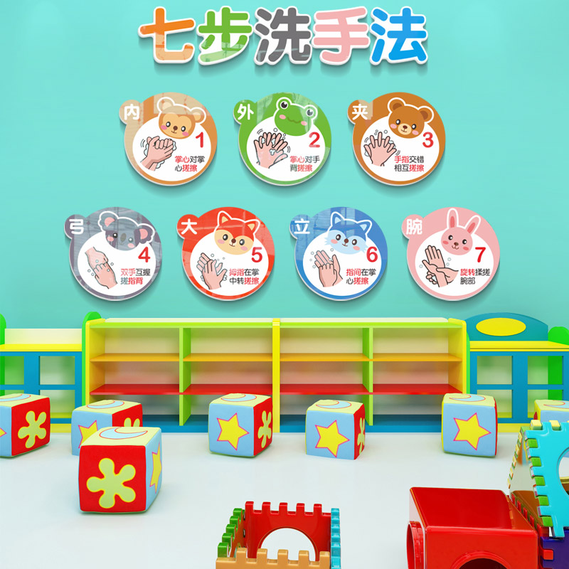 儿童七步洗手法步骤图墙贴幼儿园环创墙面装饰卡通贴纸厕所题墙