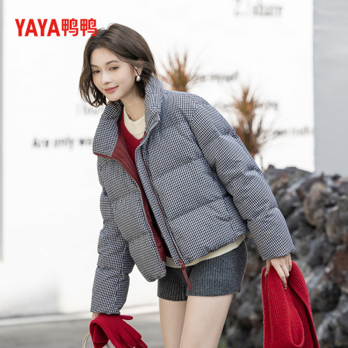 YAYA鸭鸭千鸟格羽绒服短款韩版宽松简约时尚加厚防寒保暖冬季外套