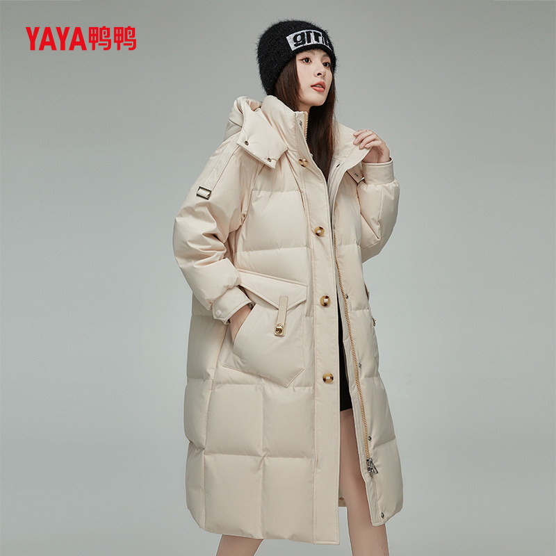 YAYA鸭鸭羽绒服女士2026冬季过膝中长款连帽时尚休闲保暖鸭绒外套