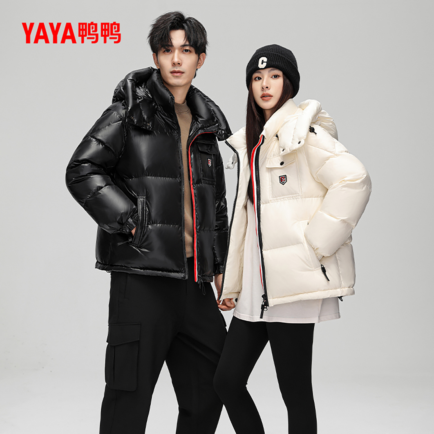 鸭鸭连帽立领短款羽绒服