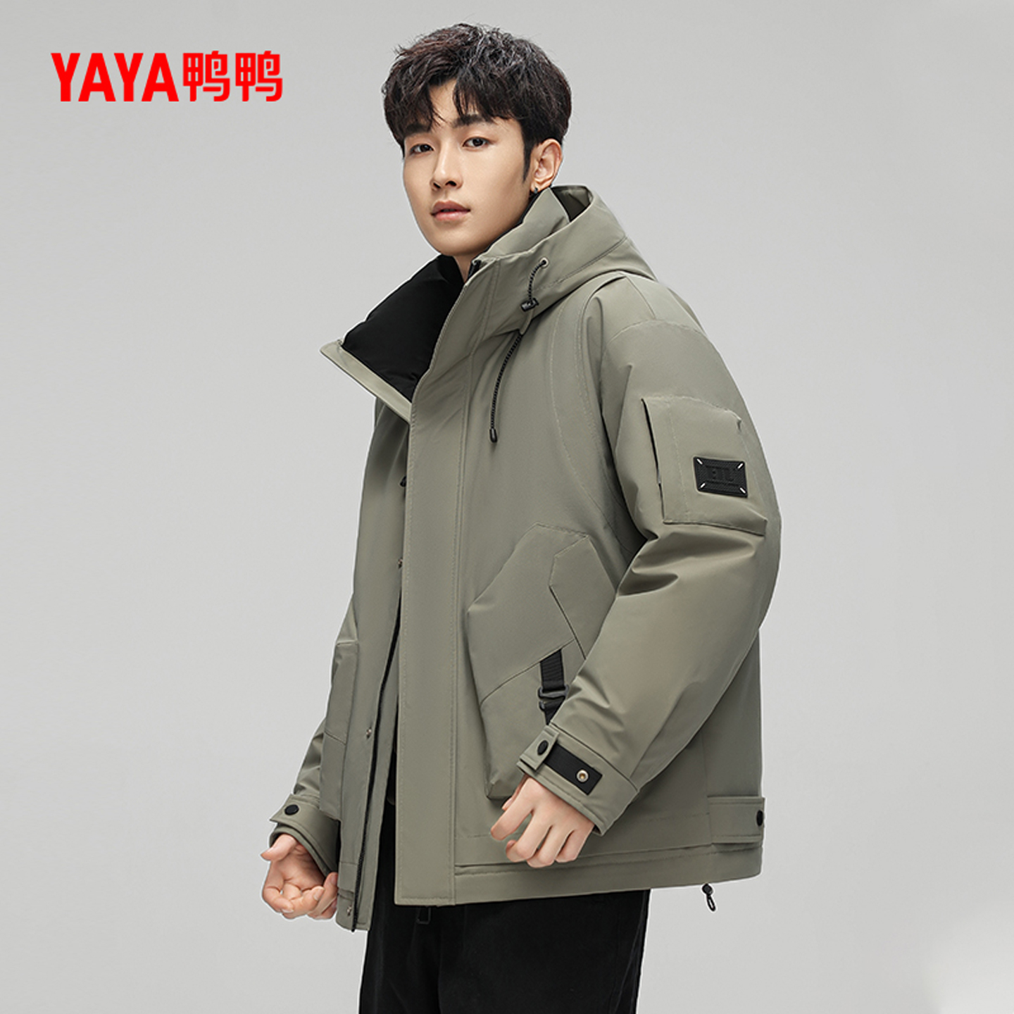 鸭鸭户外工装连帽短款男士羽绒服