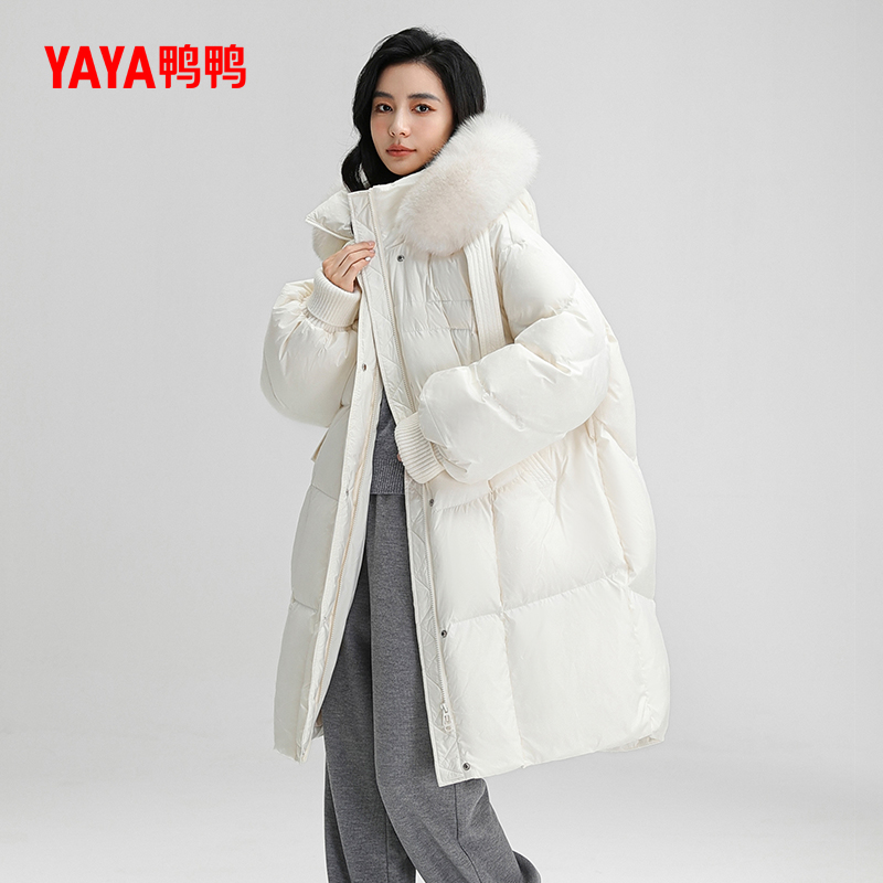 鸭鸭羽绒服女2024年冬季新品长款连帽狐狸毛领时尚保暖外套X