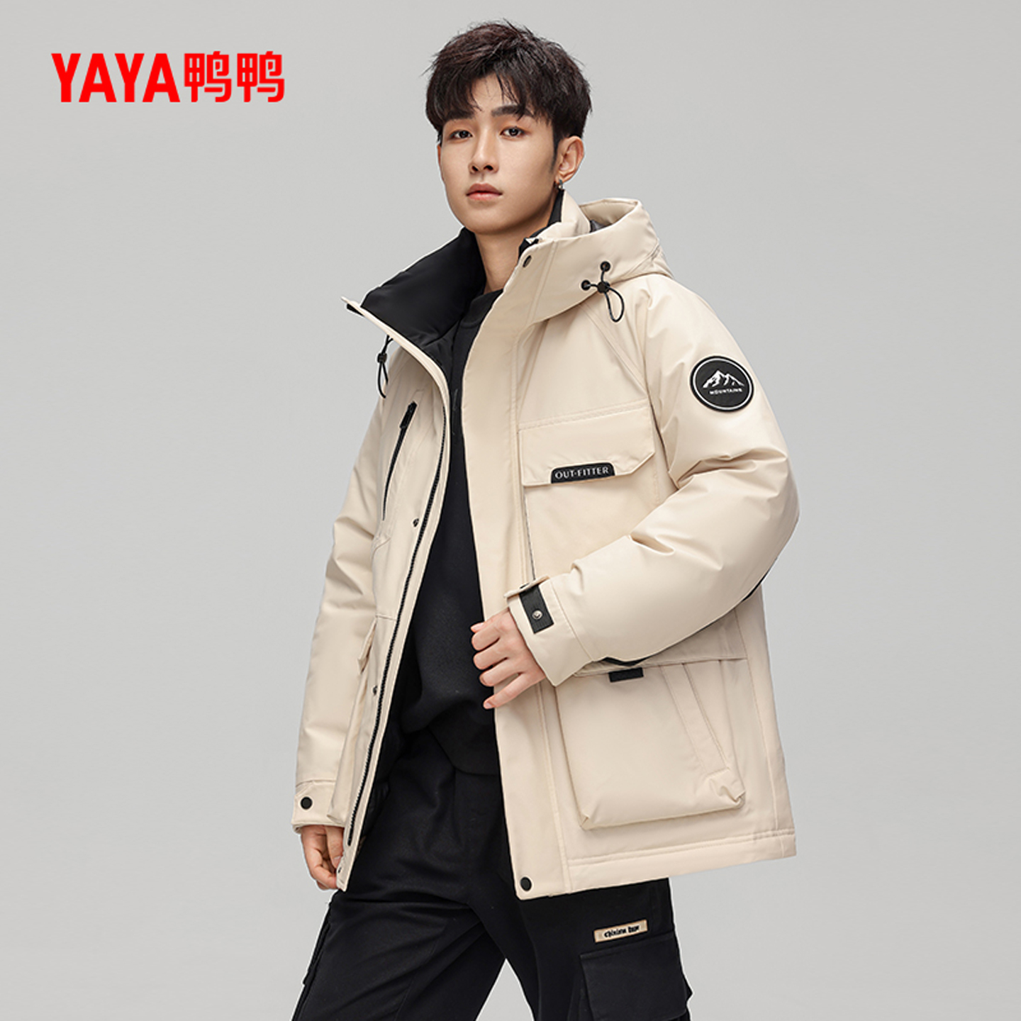 鸭鸭连帽工装加厚羽绒服男时尚