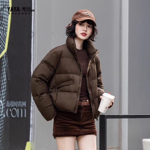 【冰淇淋系列】鸭鸭25冬女立领宽松厚款格子短款小个子外套羽绒服