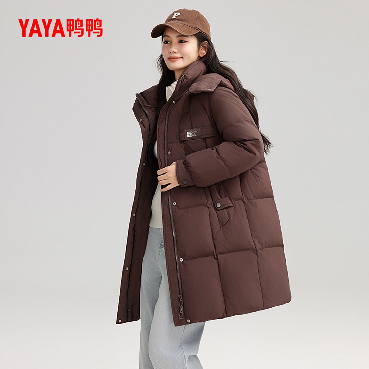 鸭鸭百搭中长款连帽羽绒服女外套