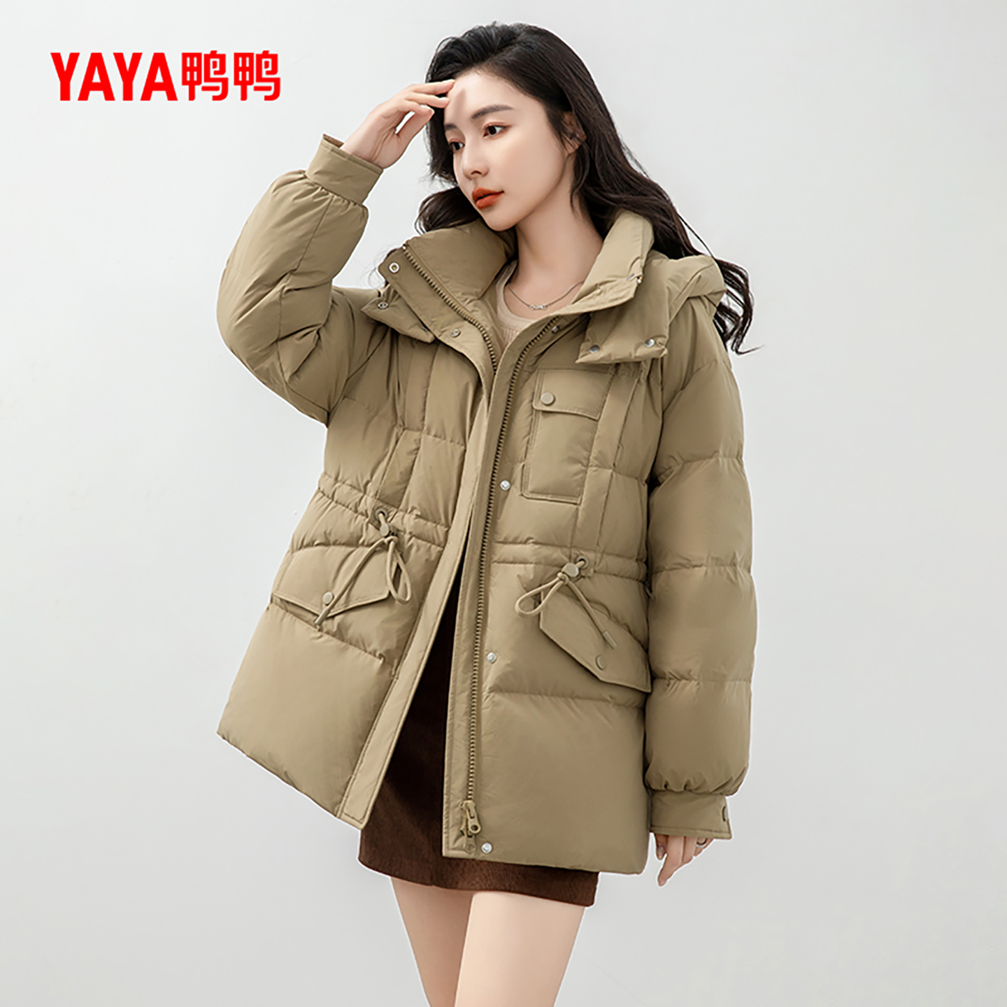 鸭鸭羽绒服女款羽绒服2024冬季新品中长款连帽时尚百搭休闲外套A