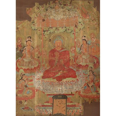 敦煌莫高窟壁画释迦牟尼树下说法图微喷古代佛画学习画稿挂轴装裱