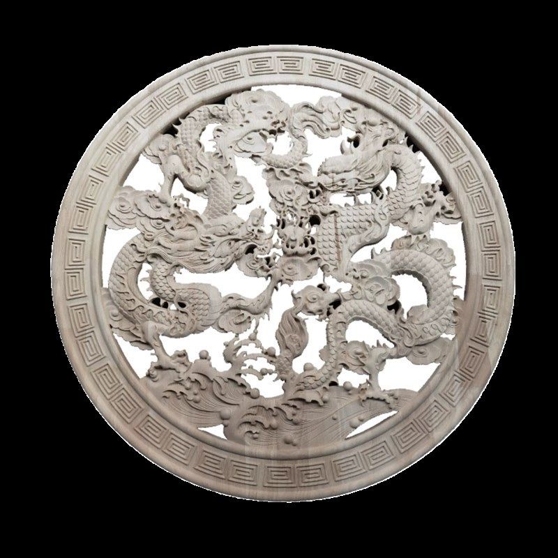 中式木雕圆盘凤圆形背景墙装饰雕花实木精雕戏珠镂空挂件东阳