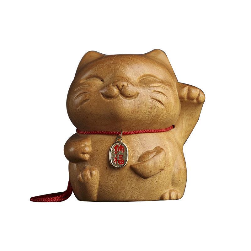 创意卡通招财猫檀香木摆件客厅桌面家居装饰实木雕刻工艺品
