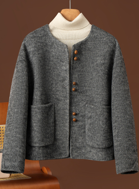 秋冬新款双面羊绒大衣女短款圆领小香风时尚加厚小个子羊毛呢外套