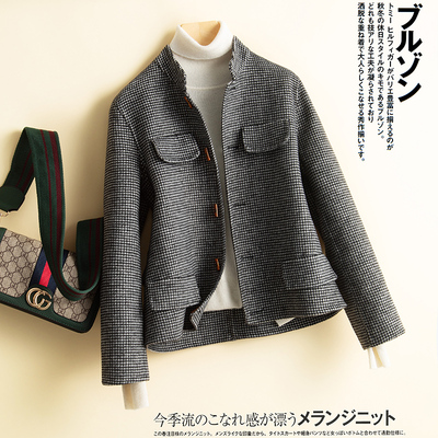 反季秋冬双面羊绒大衣女短款立领千鸟格修身小个子纯羊毛呢子外套