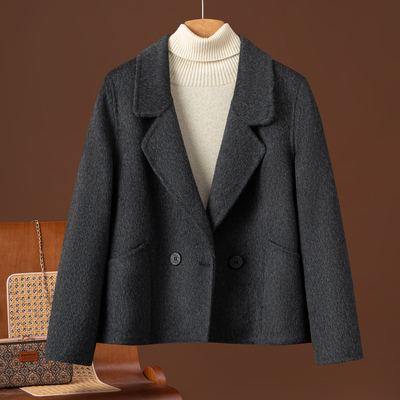 双面羊绒大衣女短款西装领