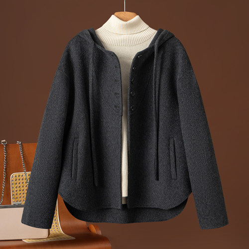 双面羊绒大衣女连帽宽松时尚斗篷