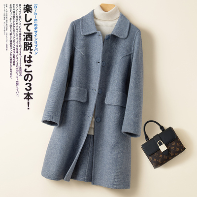 秋冬新款双面羊绒大衣女中长款正肩修身气质人字纹纯羊毛呢子外套