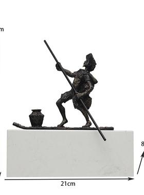 新中式简约人物金属钓鱼划船人物摆件办公室书房玄关禅意装饰品