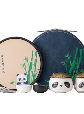 国潮便携熊猫旅行茶具套装快客杯一壶三杯户外泡茶壶开业礼品logo