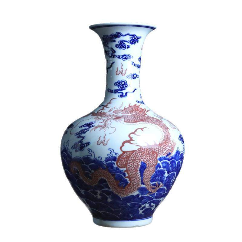 景德镇陶瓷器仿古青花釉里红龙纹花中式家居客厅摆件文玩收藏饰品