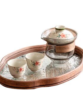 手绘桃花户外旅行茶具套装便携式陶瓷泡茶快客杯一壶二杯茶盘小型