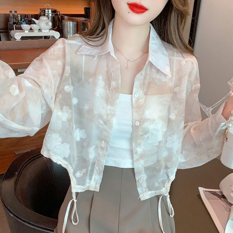 法式小清新甜美碎花雪纺衬衫防晒衣女夏长袖薄款开衫上衣短款外套
