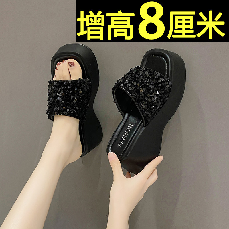 夏季网红外穿拖鞋女2024新款韩版百搭沙滩超火松糕厚底高跟凉拖鞋