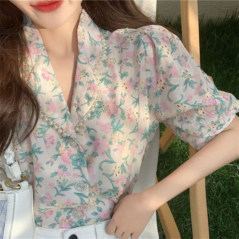 专柜碎花短袖衬衫女2025夏季新款薄款韩版小众泡泡袖气质短款衬衣