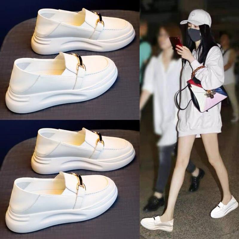 真皮乐福小白鞋女2024新款夏季厚底百搭休闲两穿一脚蹬春秋女鞋子