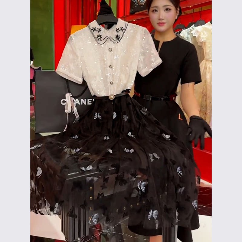 气质名媛高端精致女神范高级感黑色拼接连衣裙子2024夏季新款女装
