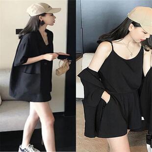 香港胖mm显瘦套装女2025夏新款大码宽松遮肉雪纺小西装三件套欧货