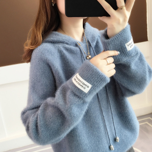 宽松毛衣女春秋水貂绒连帽打底卫衣针织上衣外套冬潮 韩国2025新款