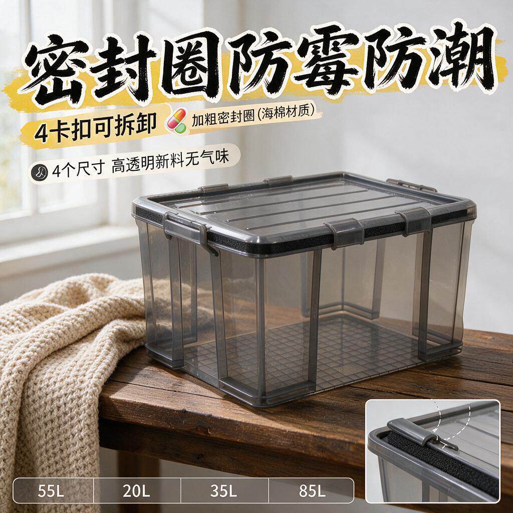 防潮收纳箱食品密封防霉茶叶干货透明大号储物箱带密封圈直角箱子