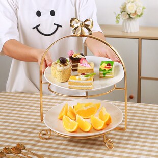 欧式创意陶瓷双层铁艺托盘架 蛋糕铁F艺托盘架 新款下午茶西点心