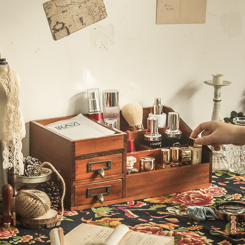 木制复古口红梳妆台护肤品首饰化妆品F桌面收纳盒整理盒大号置物