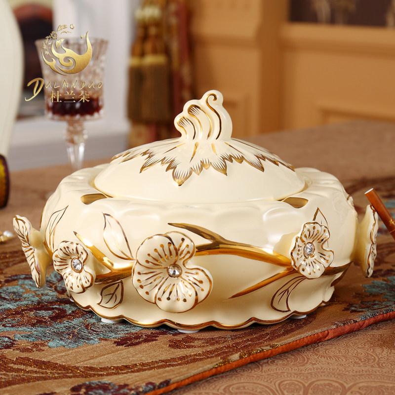 奢华欧式陶瓷烟灰k缸高档大号带盖复古时尚创意摆件客厅装饰工艺