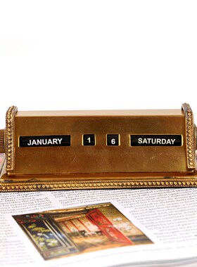 欧式美式复古怀旧纯手工黄铜手动A日历万年历卧室床头家居饰品摆