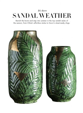 美式家居客厅电视柜装饰s品陶瓷艺术大花瓶 绿色粉红色枝叶纹花瓶