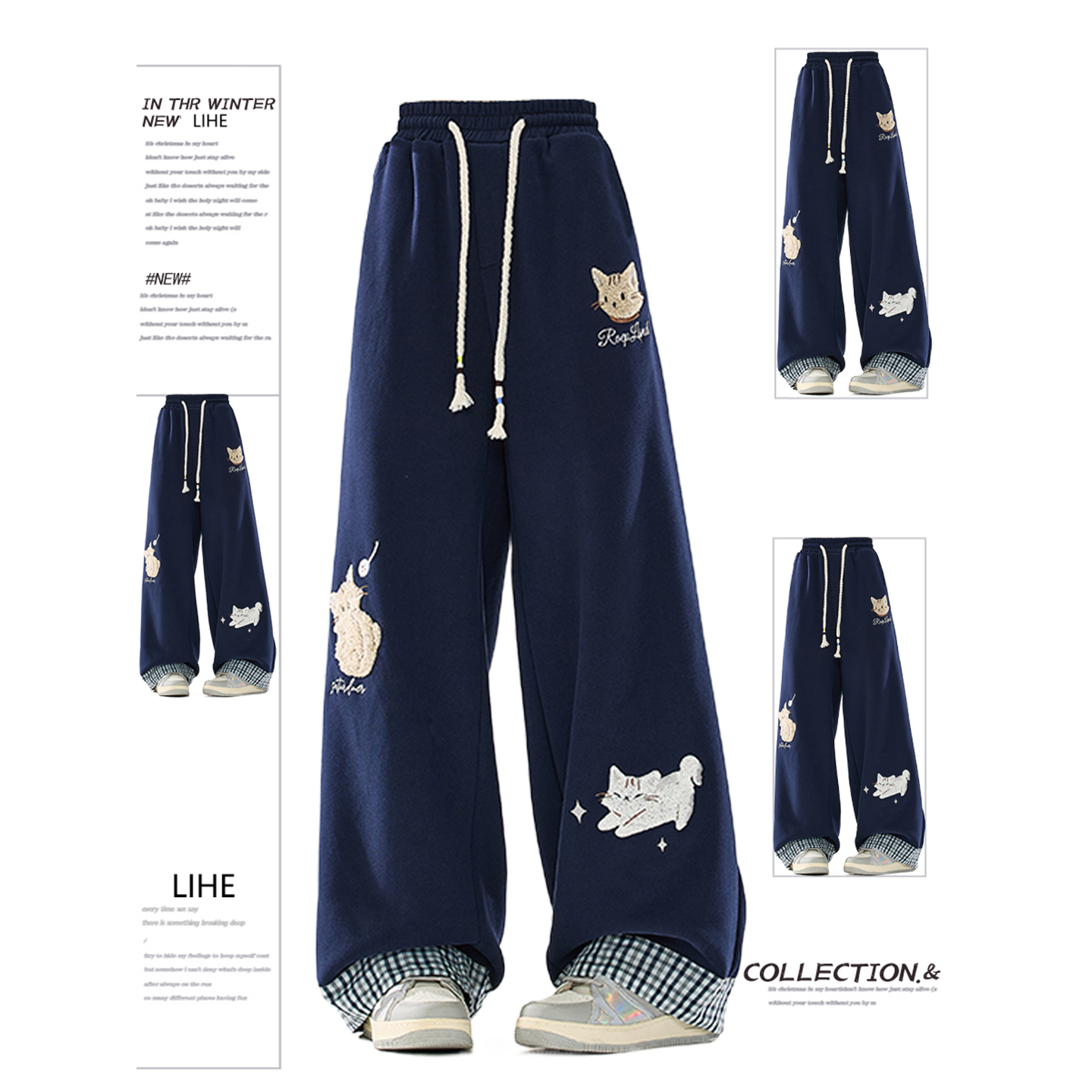 特大码刺绣格子卷边休闲裤女秋冬加绒裤子胖mm宽松阔腿运动裤卫裤